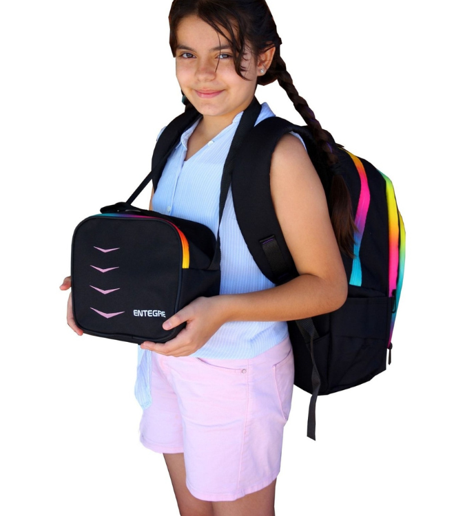 3-Piece Black School Bag Set with Rainbow Zipper Design