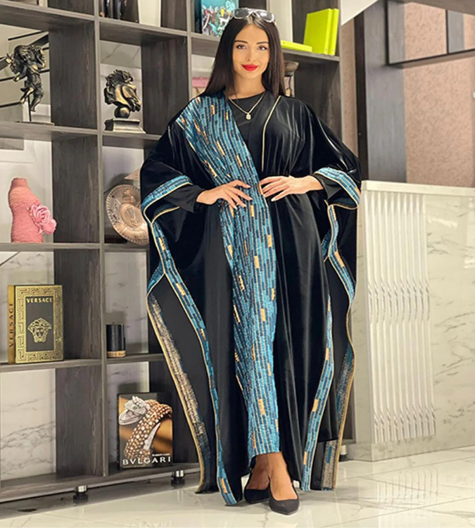 Black embroidered velvet winter abaya, large size