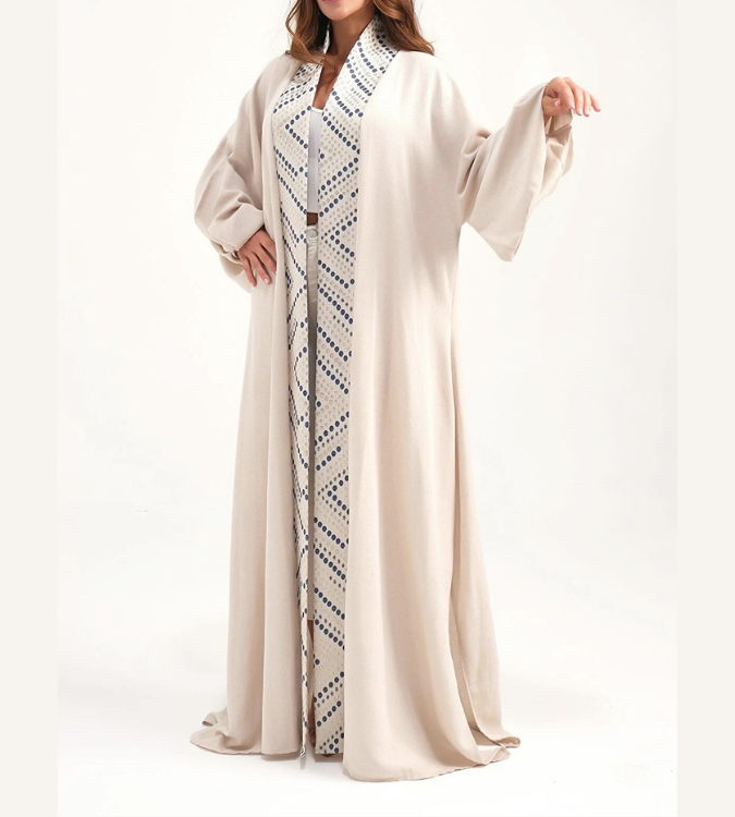 Beige Embroidered Linen Kaftan - Marever Fashion