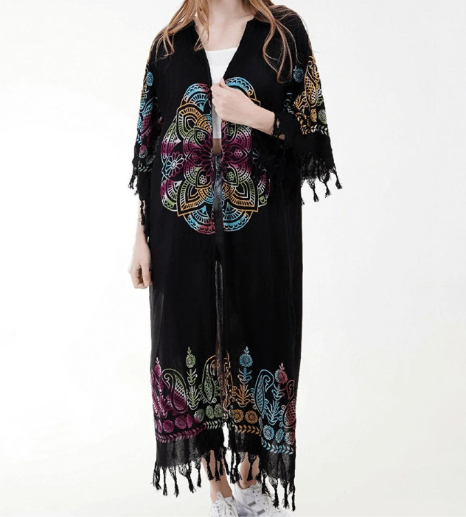 Black Hand-Printed Abaya with Belt - UnyTex