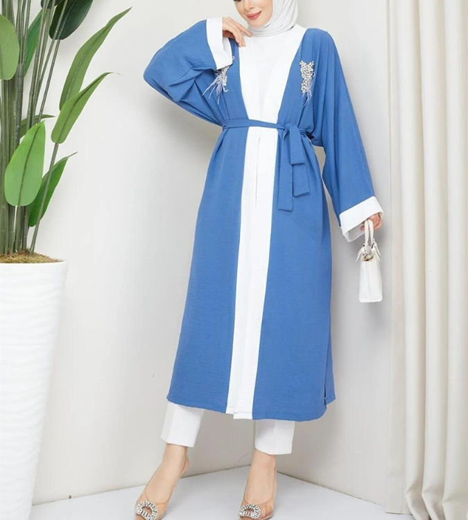 Women's summer abaya decorated with feathers and stones - moda periy