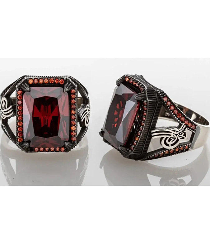 925 Sterling Silver Ottoman Tughra Square Model Red Zircon Stone Men's Ring