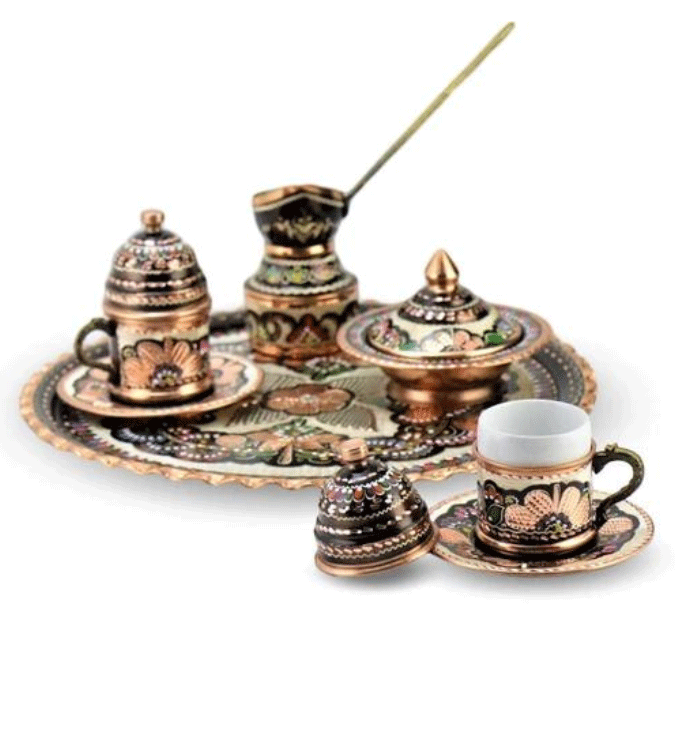 Hand-engraved Turkish coffee cup set for two People