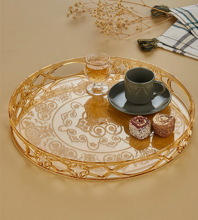 Gold round coffee serving tray