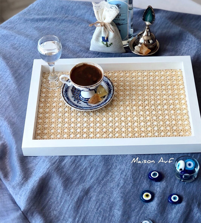 Handmade white wooden tray with natural bamboo design