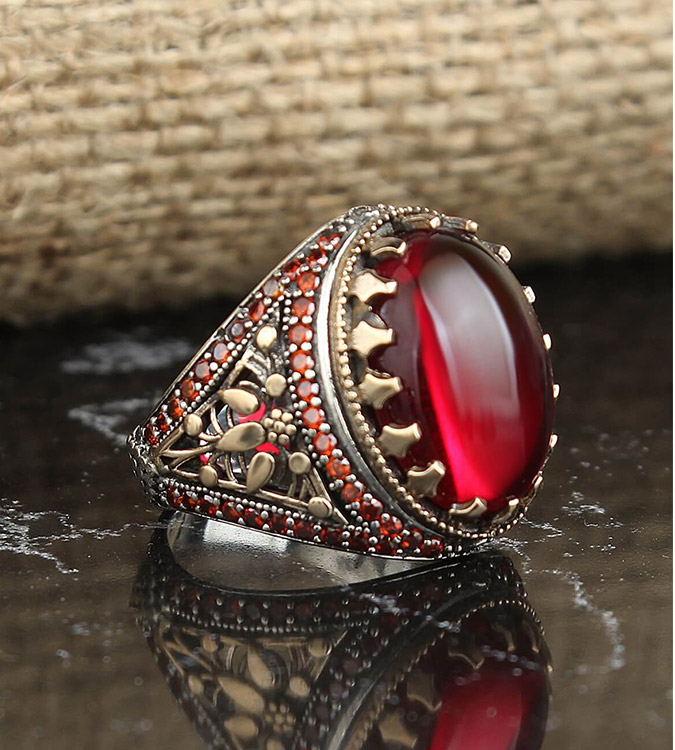 Sterling Silver Men's Ring 925 with Carbuncle Stone