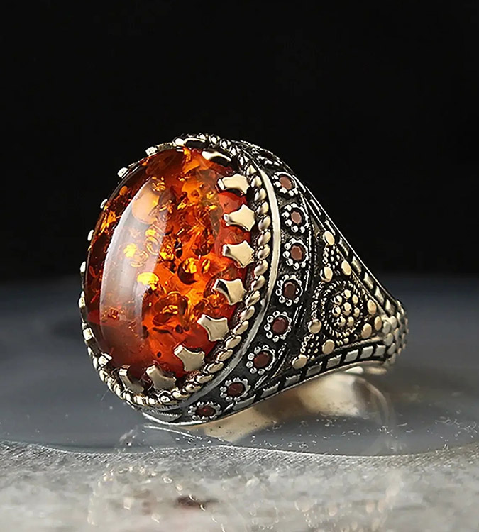 Sterling Silver Men's Ring 925 with Amber Stone