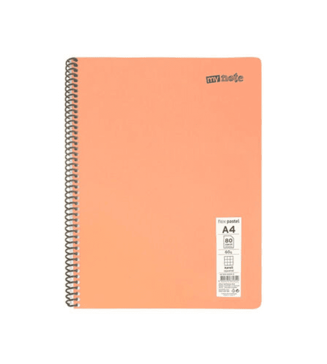 A4 lined pastel notebook with PP spiral cover, 80 sheets
