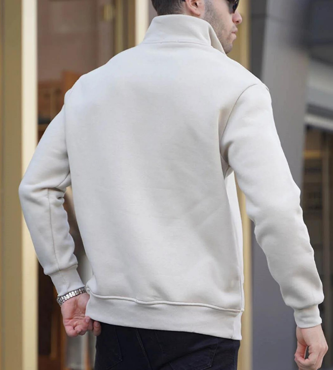 Men's beige embroidered zipper collar sweatshirt