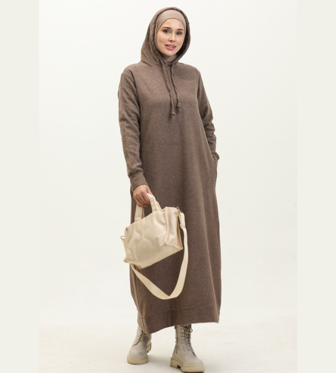 Women's winter dress with a brown Hood