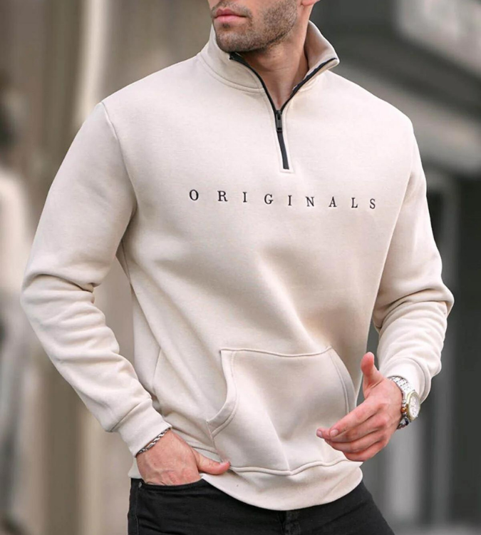 Men's beige embroidered zipper collar sweatshirt