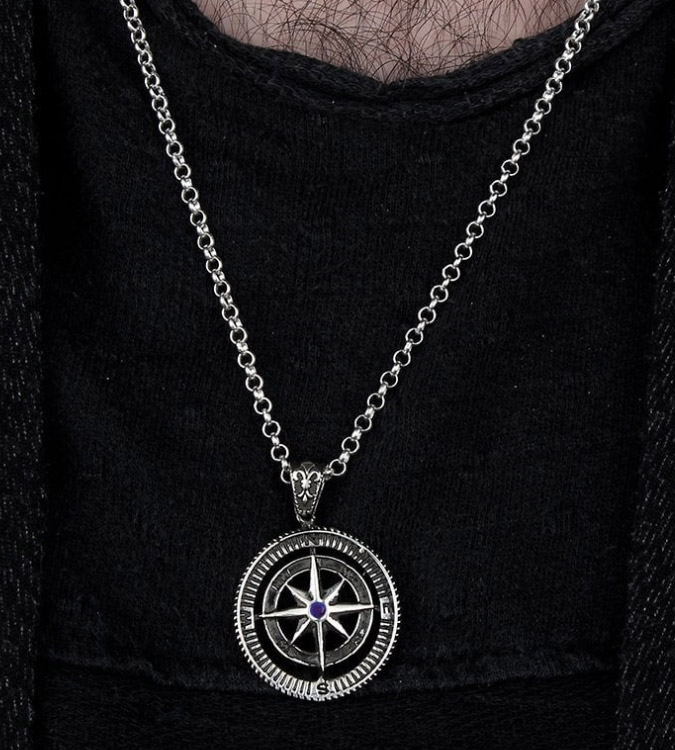 925 Silver Necklace for Men with a Zircon Stone Compass Design
