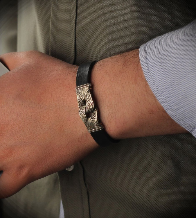 925 Sterling Silver and Leather Bracelet for Men